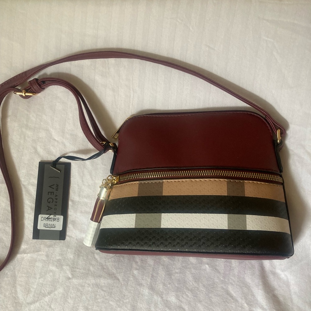 Burgundy and Multicolor Plaid Vegan Leather Crossbody Bag - Picture 8 of 16